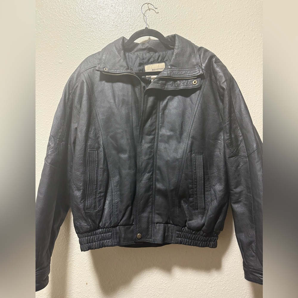 Basic Equipment Black Leather Jacket With Gold Zi… - image 1
